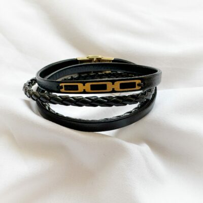 دستبند طلا مردانه چرم مستطیل سه گانه